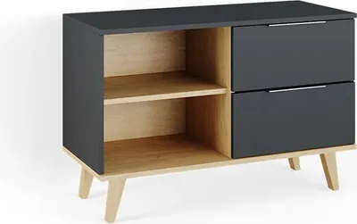 A modern sideboard cabinet with two drawers and open shelving.