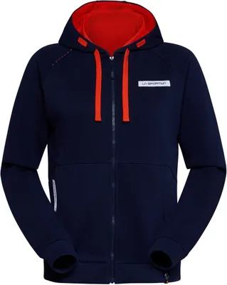 Dunkelblauer Kaos Hoody W von La Sportiva mit rotem Innenfutter und Reißverschluss.