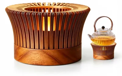 Imagen del producto de Calentador para té de aluminio dorado, con un diámetro de 14 cm, con base de madera, ideal para té y café