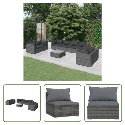Produktbild von The Living Store 9-tlg. Garten-Lounge-Set mit Kissen Poly Rattan Grau