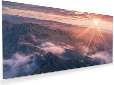 Produktbild von Glasbild 60x30cm in XXL für Wohnzimmer, Schlafzimmer Motiv Sonnenaufgang Berge
