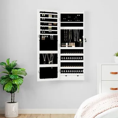 Imagen del producto de Espejo con armario para joyas, con iluminación, para montaje en pared, color blanco. Organizador de cosméticos y expositor para joyas