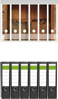 Produktbild von Wallario 6 Stück breite Ordner inkl. Klebeetiketten mit Motive Holztür natur -  Set mit Rückenschildern / Ordnerrücken Stickern