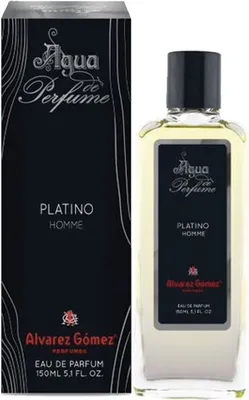 A bottle of Alvarez Gomez Platino Homme Eau de Parfum and its packaging are displayed against a white background.
