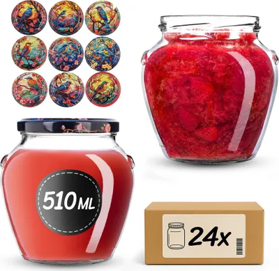 Imagen del producto de Frascos de vidrio KADAX de 510 ml con tapa roscada, diámetro 82 mm. Frascos con tapa para conservas, ideales para miel, frutas y verduras. Frascos para mermeladas (diseño "Vögel Buntglas", juego de 24 unidades)