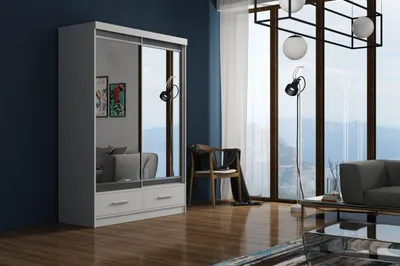 Produktbild von Krudox MAR Kleiderschrank Weiss 150x216x62 cm Schiebetürenschrank mit Spiegel Grau Lacobel 2 Schubladen Kleiderstange Schlafzimmer
