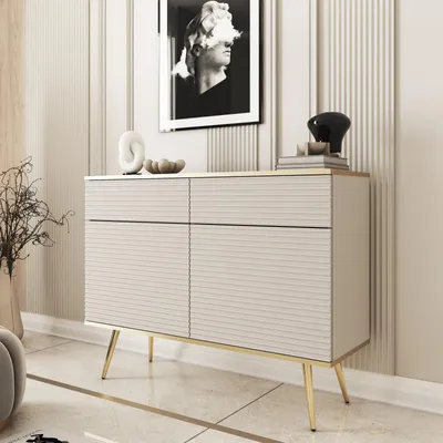 Productafbeelding van Kommode FORNO, beige, met geribbelde voorkant, Glamour Art Deco stijl, 107 cm hoog, met gouden poten