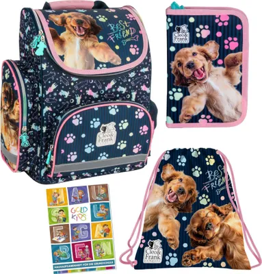 Produktbild von Schulranzen für Jungen und Mädchen, 4er-Set - Schul-Rucksack für Kinder mit Federmäppchen - Schuhbeutel und Hausaufgabenheft - Hund Motiv