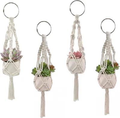 Immagine prodotto di Set per piante pensili in macramè, composto da 4 vasi da 28,5 cm, con 4 ganci per il fissaggio, adatto per interni ed esterni