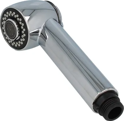 A chrome-plated hand shower head with a black threaded connector.