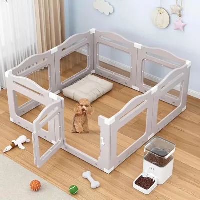 Image de Cage de course pour chiots - Enclos pour chiens avec porte - Adapté aux petits chiens et chats - Enclos en plastique composé de 8 pièces - Dimensions : 129 x 129 x 60 cm - Pour intérieur et extérieur - Gris transparent
