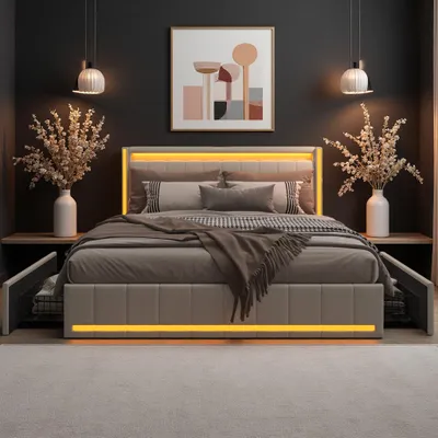 Obrázek produktu pro Postel INONEFT, rozměr 180x200 cm, s úložným prostorem, čalouněná postel s LED osvětlením, s porty typu C a USB, dvoulůžko se 4 zásuvkami, barva: lněná, béžová