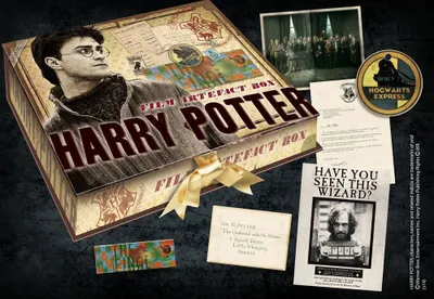 A collection of Harry Potter themed items, including a large box, letters, and a wanted poster, arranged on a dark background.