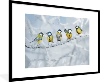 Produktbild von MuchoWow® Gerahmtes Poster Vogel - Kohlmeise - Winter - Schnee - Zweige 90x60 cm - Poster mit Schwarzem Bilderrahmen Wandposter Rahmen Foto Bilder - Wanddekoration - Fotos