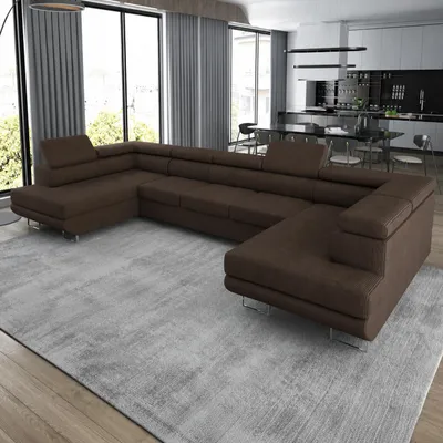 Produktbild von GOLDSTOFF ASTON U-Sofa mit Schlaffunktion und Bettkasten XXL | Ecksofa U-Form mit Komfort-Polsterung | Schlafsofa mit Stauraum (Dunkelbraun)