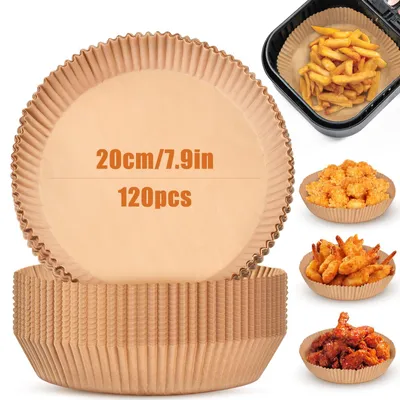 Produktbild von 120 Blatt Backpapier für Heißluftfritteusen, 20 cm antihaftbeschichtet, wasserdicht, ölbeständig, für Heißluftfritteusen, Backöfen, Pfannen und zum Backen.