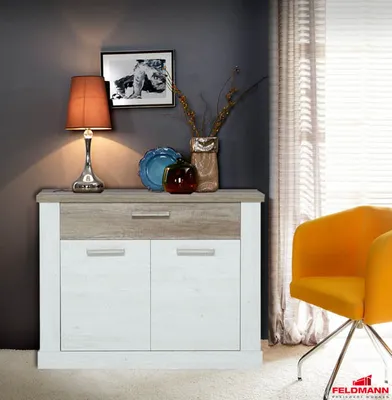 Image de Commode/buffet de salon en pin blanc et chêne vieilli, 101 cm