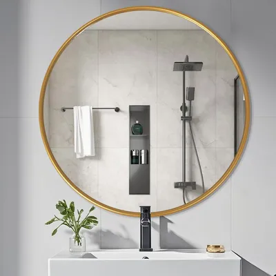 Image de Miroir rond pour mur, diamètre 45 cm, cadre en aluminium doré, verre HD résistant aux éclats