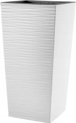 A tall, white, textured planter pot.