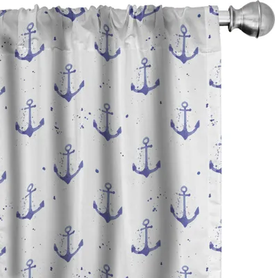 Zdjęcie produktu dla ABAKUHAUS Zasłony z motywem kotwic, firanki, akwarelowe szkice kotwic, motyw morski, monochromatyczny powtarzalny wzór, 2 sztuki 75 x 245 cm, fioletowy, niebieski i biały