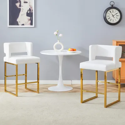 Zdjęcie produktu dla Zestaw 2 stołków barowych, styl skandynawski, kwadratowe, białe PU, złote metalowe nogi, 91 cm
