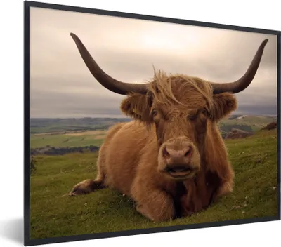Produktbild von MuchoWow® Gerahmtes Poster Schottischer Highlander - Tiere - Berg 80x60 cm - Poster mit Schwarzem Bilderrahmen Wandposter Rahmen Foto Bilder - Schwarzem - Mit Gestell