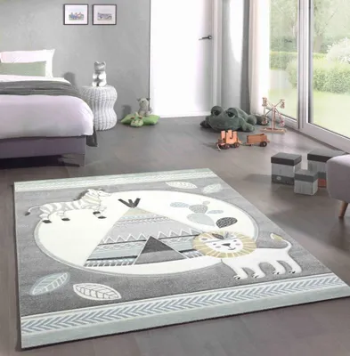 Produktbild von Spielteppich Kinderzimmer Kaktus Zebra Indianer Zelt Löwe gelb grau creme Größe - 200 x 290 cm