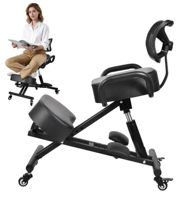 Produktbild von Ergonomischer Kniestuhl - Bürostuhl - Rückenlehne - Fußstütze - Höhenverstellbar - Gepolsterter Lederbezug - Belastbarkeit 90 kg - Schwarz