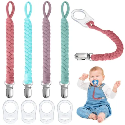 Productafbeelding van Set van 4 tuttelkettingen, katoen met siliconenring, in de kleuren roze, paars, blauw, groen en rood