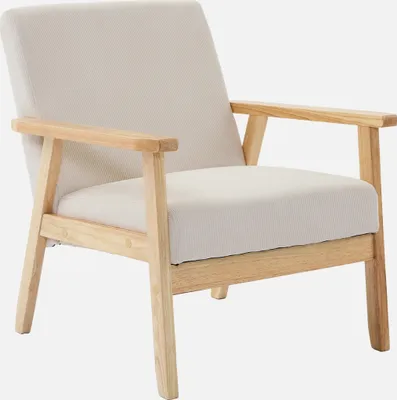 A single cream-colored armchair with a wooden frame, presented against a white background.