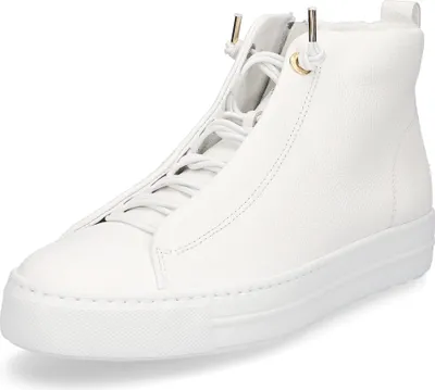 A white high-top sneaker is shown from a three-quarter front view against a white background.