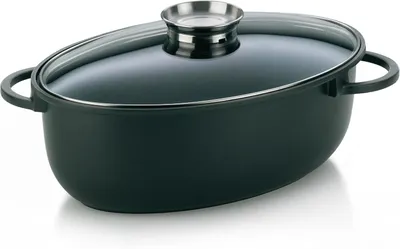 Produktbild von Kela 15153 Bratpfanne – Mit Glasdeckel und Aromaknopf – Aus gegossenem Aluminium (5 mm) – Antihaftbeschichtung – 8 Liter – Kerros – Schwarz