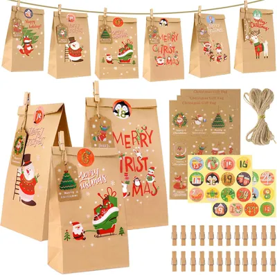 Produktbild von Adventskalender zum Befüllen – 24 Papier-Adventskalenderbeutel mit Zahlenaufklebern und Verschlüssen – Geschenktüten für Weihnachten 2024