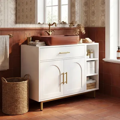 Produktbild von Waschbeckenschrank, Badezimmerschrank, Weiß | 1 Schublade 2 Schranktüren, Offenes Fach mit 3 Ebenen, Verstellbare Ablage, 30 x 80 x 64cm