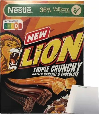 Produktbild von Lion Triple Crunchy salted Caramel & Chocolate Cereals in Churros Form (300g Packung) + usy Block