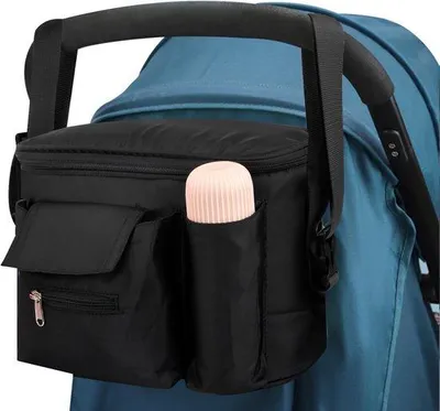 Immagine prodotto di Borsa portaoggetti spaziosa per passeggino, organizer per carrozzina con portabicchieri e tracolla, borsa porta pannolini regolabile per pannolini, biberon e asciugamani