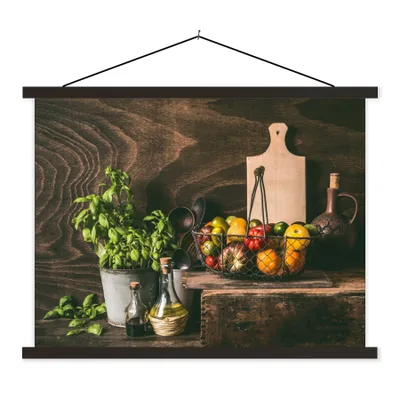 Produktbild von MuchoWow® Textilposter Gemüse - Kräuter - Rustikal - Stilleben - Basilikum 150x113 cm mit holzfarbenen Rahmen - Poster