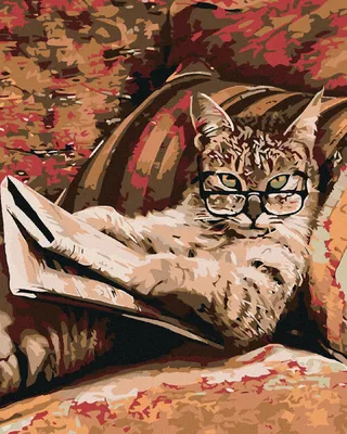 A painting of a cat wearing glasses and reading a book.