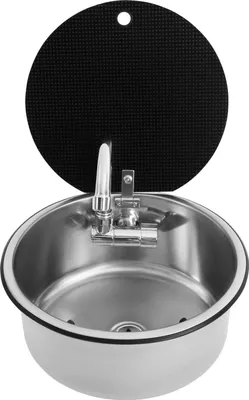 Obrázek produktu pro Dřez pro karavan – kuchyňský dřez 34 x 34 cm – kulatý, jeden dřez – nerezová ocel 304 – montáž do otvoru – skládací kohoutek