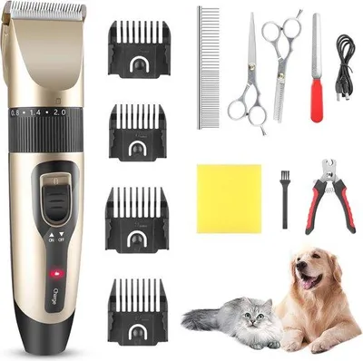Produktbild von Professionelle Drahtlose Tierhaar-Schere für Hunde und Katzen - Wasserfeste Haustier-Schermaschine mit Einstellmesser und 12 Zubehörteilen