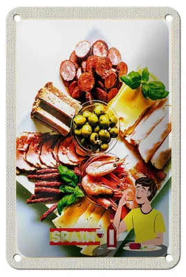 Produktbild von Blechschild Reise 12x18cm Spanien Europa Garnelen Oliven Wurst Schild
