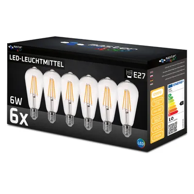 A product box for LED light bulbs, showing a set of six bulbs on the front.
