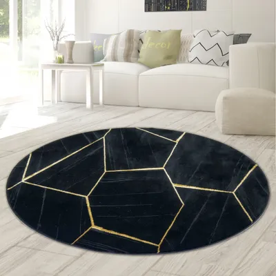 Image de Tapis moderne tapis de salon motif géométrique en noir or taille - 200 cm rond
