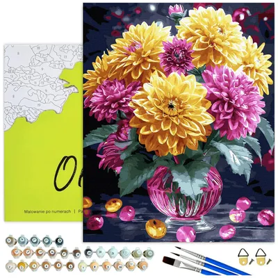 Produktbild von Malen nach Zahlen Erwachsene Bunte Dahlien in Glasvase mit Rahmen 40x50 cm