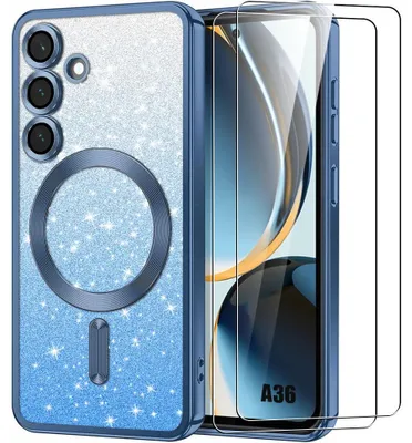 Image de Coque + 2 Verres Trempés pour Samsung Galaxy A36 5G, Protection Paillette Cercle Magnétique Antichoc Film Caméra - Bleu