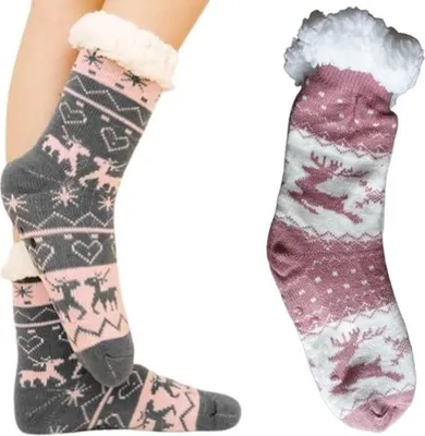 Produktbild von GKA Damen ABS Plüsch Kuschelsocken A8 altrosa weiß 39-41 Winter Norweger Hüttensocken Socken Norwegersocken Hausschuhe