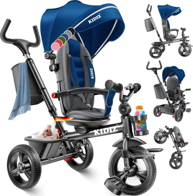 Produktbild von KIDIZ® Dreirad 5in1 Kinderdreirad mit Schubstange Lenksystem Stange ab 1 Jahr vorwärts und Rückwärtsfahrt Jogger , Korb Tasche Getränkehalter Sonnenda