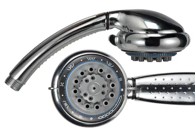 A chrome shower head is shown from two angles against a white background.