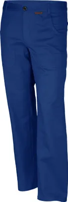 A pair of blue work pants is shown against a white background.