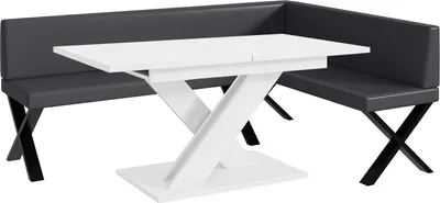 Produktbild von MEBLINI Eckbank für Esszimmer mit ausziehbarem Tisch  - Küchenbank - Essecke - Sitzecke Küche - ERIC - X-Beine 142x196x87cm Rechts - Grau Kunstleder/B Weiß Matt